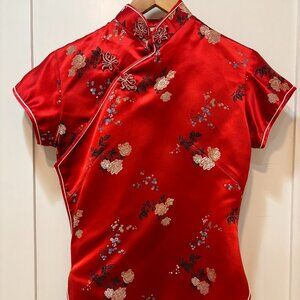 Vintage 1970s Satin Blouse with traditional cheongsam mandarin collar